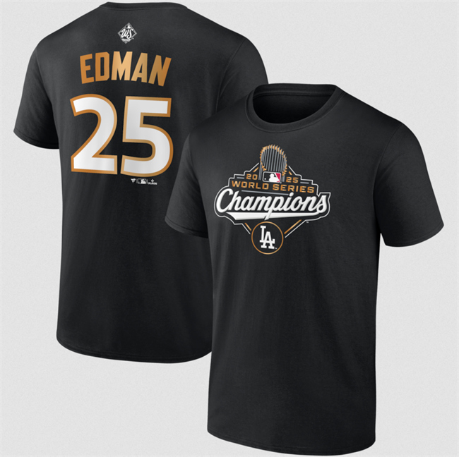 Men's Los Angeles Dodgers #37 Teoscar Hernández Black 2025 World Series Champions Name & Number T-Shirt